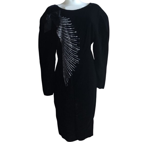 sz 10 Neiman Marcus Vintage Black Velvet Dress Rhinestones Bow Detail - Picture 1 of 7